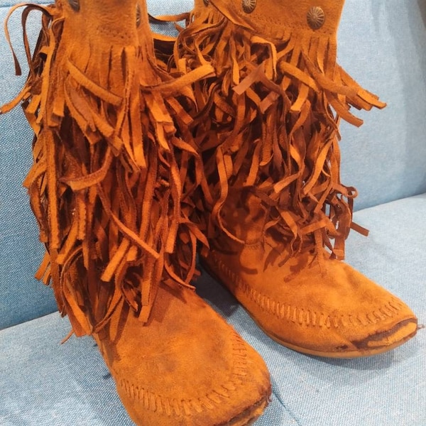 Kids Real leather moccasin boots fringed hippie booties unisex size 13 child