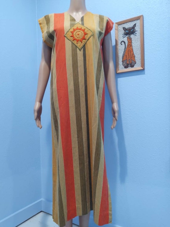 True vintage 1960s hippie Kaftan dress orange yel… - image 4