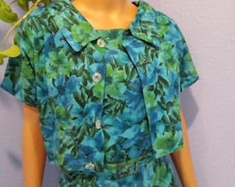 SALE! 3 PC Jackie O Dress Jacket & belt Set True Vintage 1950s 1960s wiggle sexy secretary blue green floral