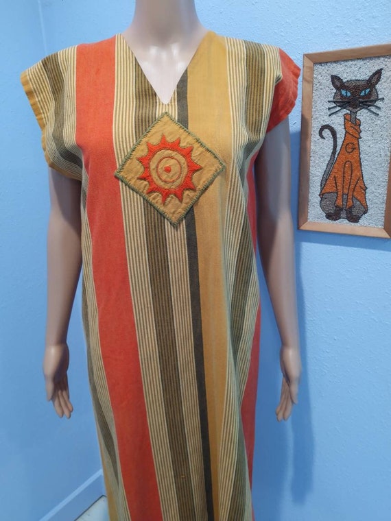 True vintage 1960s hippie Kaftan dress orange yel… - image 3