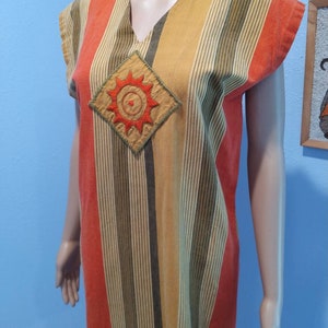SALE True vintage 1960s hippie Kaftan dress orange yellow mustard green 1970s embroidery swim cover up