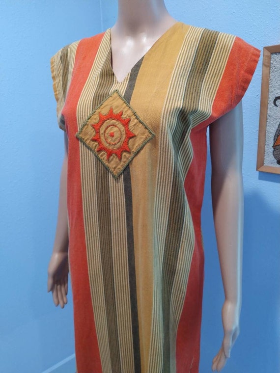 True vintage 1960s hippie Kaftan dress orange yel… - image 1