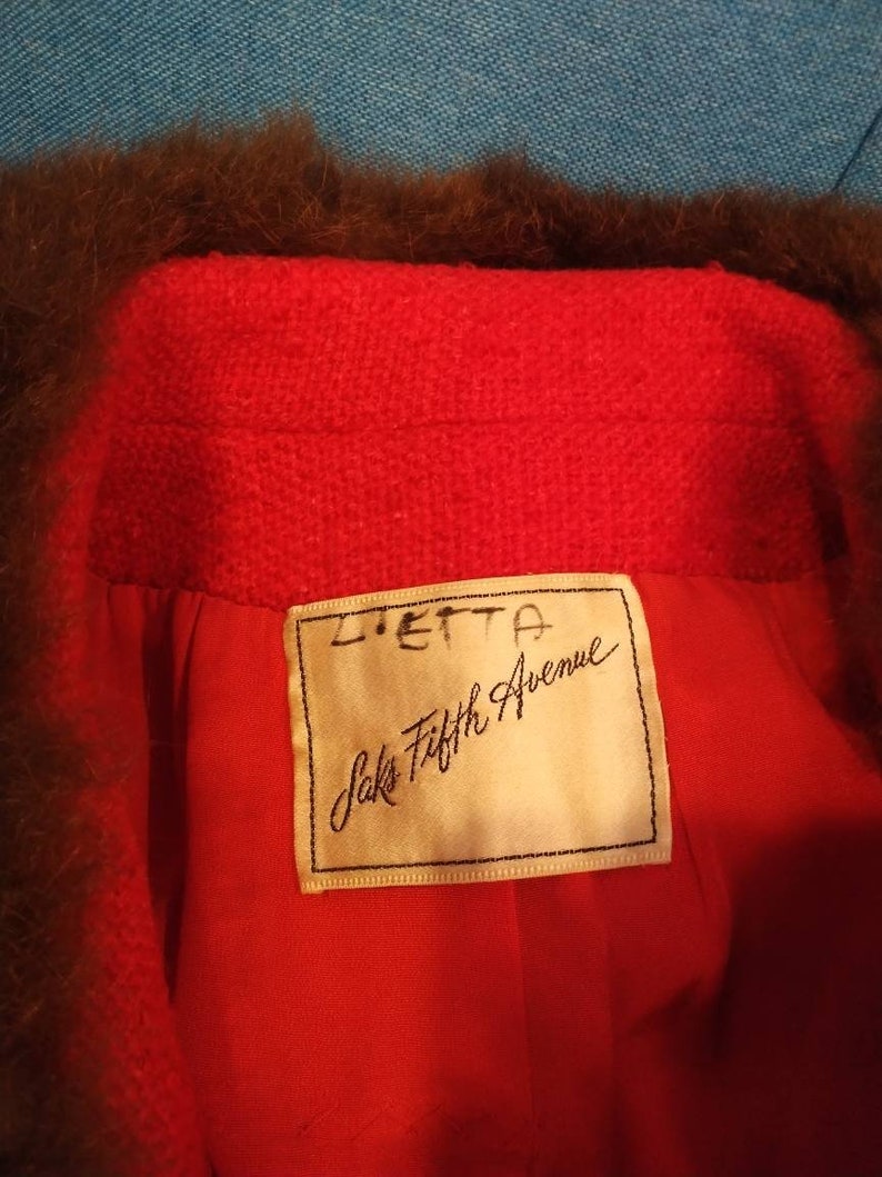 Mint Vintage Real Mink Trim Red Fur Coat with pockets 50s 60s Saks Fifth Avenue 100/% Wool Glamour