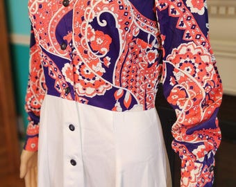 EUC Vintage Mod 1960s Dagger Collar Fit and Flare skater A line Dress Paisley Red Purple White S M Lisa Ross Hippie Sexy Secretary