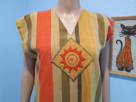 True vintage 1960s hippie Kaftan dress orange yel… - image 2