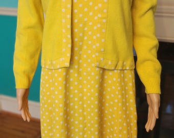 EUC Vintage Mod 50s 60s Neon yellow polka dot Sweater Set dress and matching jacket textured fabric Sexy Secretary Easter Pastel white