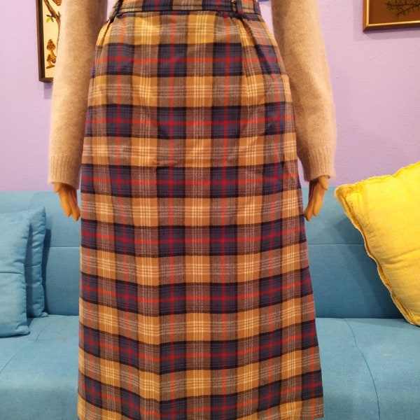 True vintage 1970s wool tartan plaid long skirt David Brooks Ltd. Winter menswear women's blue red white tan