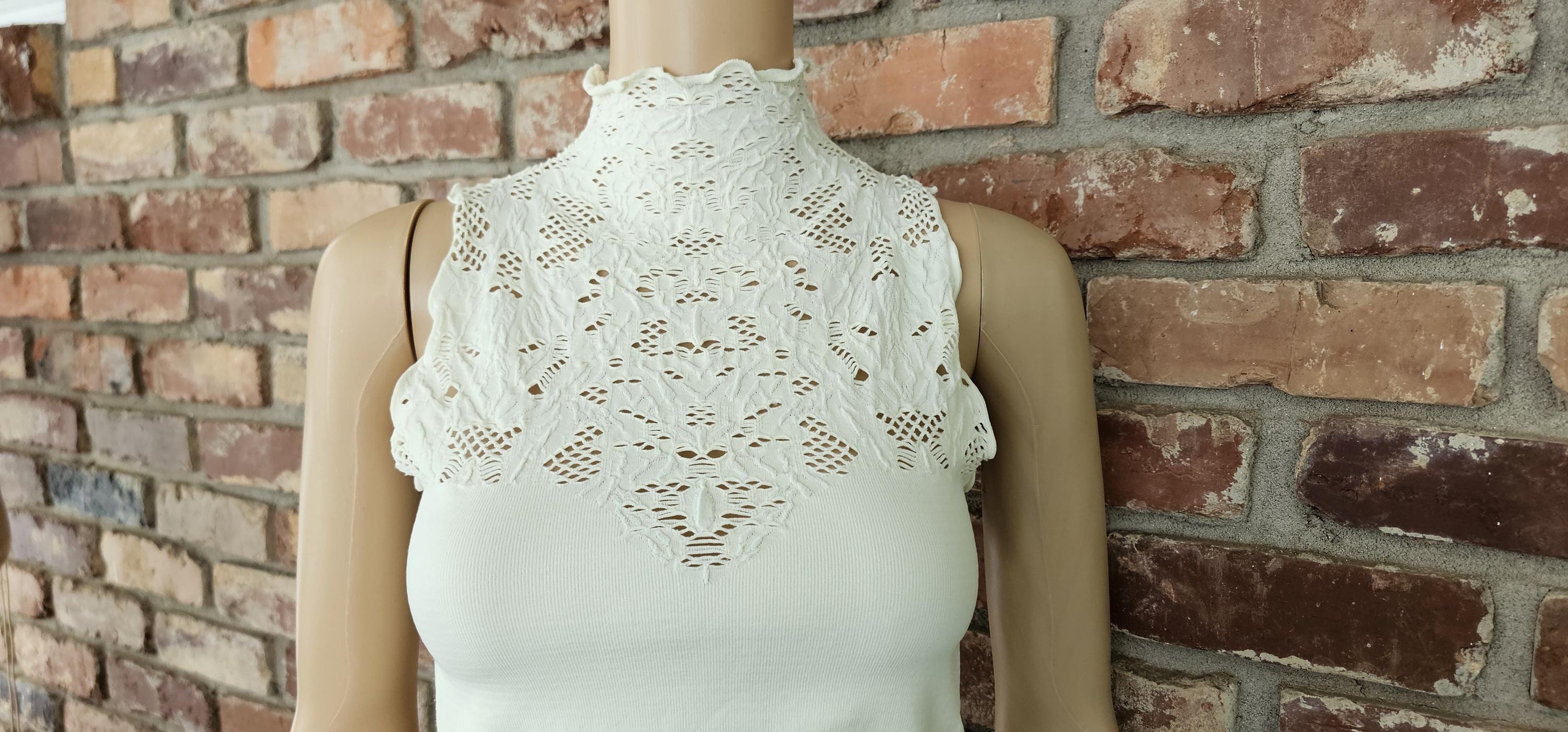 Stretchy Cutout Lace Downton Abbey Vintage Repro High Neck blouse top cream XS S M Edwardian Victorian Steampunk Little House vintage