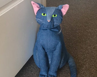 Blue Animal Doorstop Statue • Recycled Denim Fabric Cat Sculpture