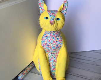 Animal Doorstop Statue • Yellow Floral Fabric Cat Sculpture