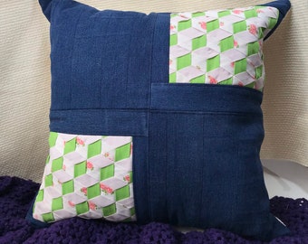 Recycled Denim and Fabric Woven Cushion Cover, 45cm x 45cm