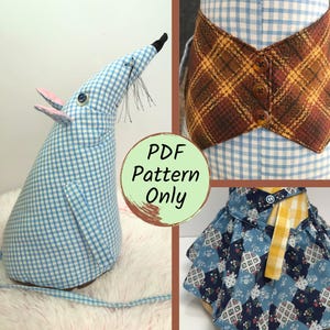 May include: A fabric mouse toy with blue and white gingham pattern, black whiskers, and a button eye. The image includes a brown plaid vest with three buttons and a blue floral patchwork skirt. A circular badge displays the text PDF Pattern Only.