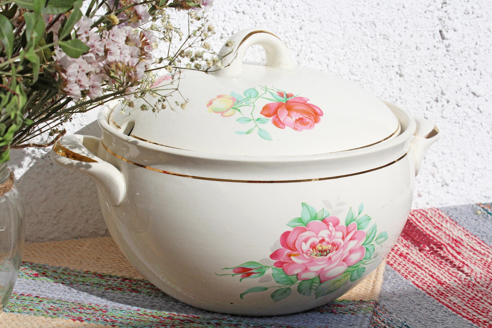 Vintage Porcelain Soup Pot in White With Pink Roses 1950s Etsy