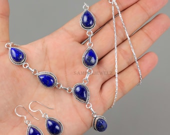 Conjunto de joias de lápis-lazúli: brincos e colar, joias artesanais em prata de lei com pedras preciosas, brincos e colar de lápis-lazúli, colar de lápis-lazúli azul.