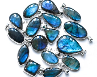 Labradorite Gemstone Pendant, Blue Labradorite, Silver Necklace, Silver Pendant, Wholesale Lot, Bezel Pendant, Designer Pendant, Mix Shape