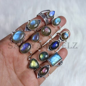 Fantastic !! Natural Multi Flashy Labradorite Ring Lot, Bulk Mix Shape & Size Ring Jewelry, Stunning Designer Silver Ring For Christmas Sale