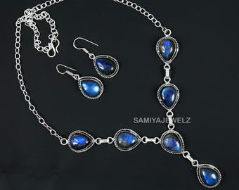 Blue Labradorite Set Jewelry, Labradorite Earrings, Pear Stone Labradorite Necklace, Sterling Silver Necklace Earrings Jewelry Set For Women