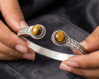 タイガーアイと925シルバーのバングルブレスレット - 天然石 - 保護 