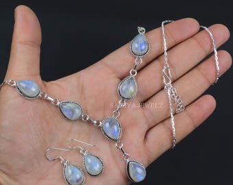 Conjunto de joyas de piedra lunar: pendientes y collares, collar de piedra lunar en forma de pera, joyas de plata de ley, pendientes de piedra lunar azul, joyas hechas a mano.