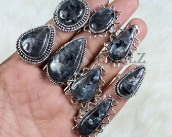 Handcrafted Black Larvikite Gemstone Ring: 925 Silver Plated