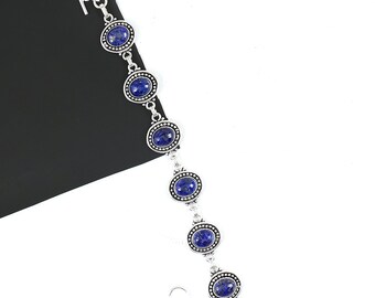 Pulseira de lápis-lazúli, pulseira oval com pedras de lápis-lazúli, pulseira de prata esterlina, pulseira de lápis-lazúli, pulseira feita à mão, presentes de aniversário