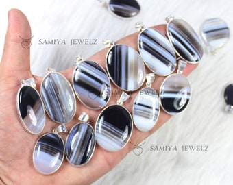 Banded Agate Pendant Black Banded Pendant, Sterling Silver Necklaces Jewelry, Bezel Pendant, Banded Agate Gemstone Pendant Women Necklaces