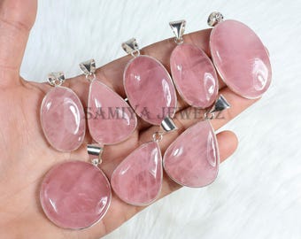 Pink Rose Quartz Pendant Necklaces, Bezel Pendant, Mix Shape Pendant, Sterling Silver Pendant, Crystal Pendant, Rose Quartz Jewelry Gifts