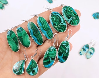 Malachite Chrysocolla Earrings, Ear Wire Dangle Earrings, Sterling Silver Earrings, Mix Chrysocolla Malachite Earrings Pair Gemstone Earring