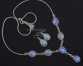 Moonstone Jewelry Set Earrings & Necklaces, Pear Moonstone Necklace, Sterling Silver Jewelry, Blue Moonstone Earrings Handmade Jewelry Gifts