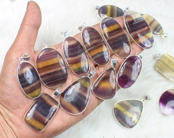 Rainbow Fluorite Pendant, 925 Silver Plated Bezel, Crystal Gemstone