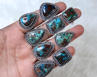 Azurite Ring, Sterling Silver Ring, Collet Ring, Chrysocolla Ring, Wholesale Ring, Statement Ring Azurite Gemstone Rings Boho Ring For Women