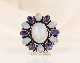 Amethyst & Moonstone Ring, 925 Silver Plated, Flower Ring
