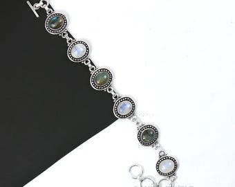 Bracelet pierre de lune labradorite, bracelet ovale, bracelet pierre de lune Bracelet en argent sterling pour femme Bracelet fait main Bracelet de pierres précieuses