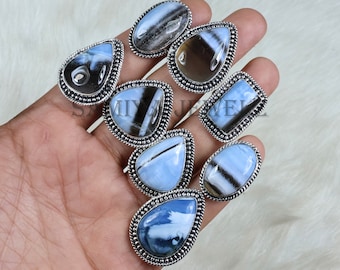 Natural Owyhee Ring, Silver Ring, Wholesale Collet Ring, Mix Shape Blue Opal Ring, AAA Blue Owyhee Opal Gemstone Ring, Girls Ring Jewelry
