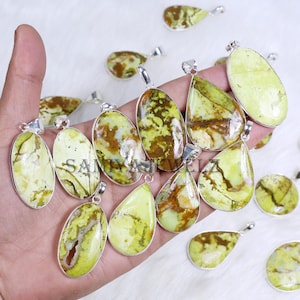 Peut inclure: Une collection de pendentifs en pierres précieuses de différentes formes, dont ovales et en goutte. Les pendentifs présentent un schéma de couleurs vert clair et marron, sertis dans du métal argenté. Les pierres précieuses ont une finition polie, et chaque pendentif a une petite boucle pour une chaîne.