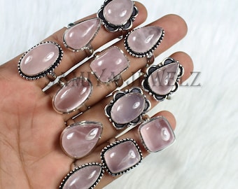Natural Rose Quartz Ring, Designer Ring, Sterling Ring, Mix Shape Ring Lot, Pink Quartz Ring, Silver Plated Ring, Crystal Rose Quartz Ring