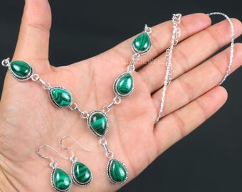 Malachit Schmuck-Set, Malachit Halskette, Malachit Ohrringe Schmuck, Sterling Silber Halskette Set, Edelstein Ohrringe & Halskette Schmuck