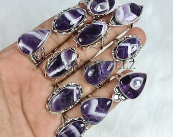Chevron Amethyst Gemstone Ring: Silver Plated Statement Ring