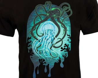 Octopus T Shirt, Octopus Vs Squid Tee Jellyfish Teeshirt Jelly Fish Tshirt KrakenT-shirt Organic Cotton Punk Rock Tshirts Mens Graphic Tees