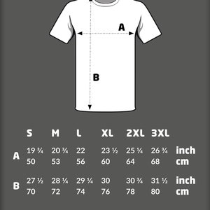 May include: Size chart for a t-shirt with measurements in inches and centimeters. The chart shows the measurements for the chest (A) and length (B) of the shirt in sizes S, M, L, XL, 2XL, and 3XL.