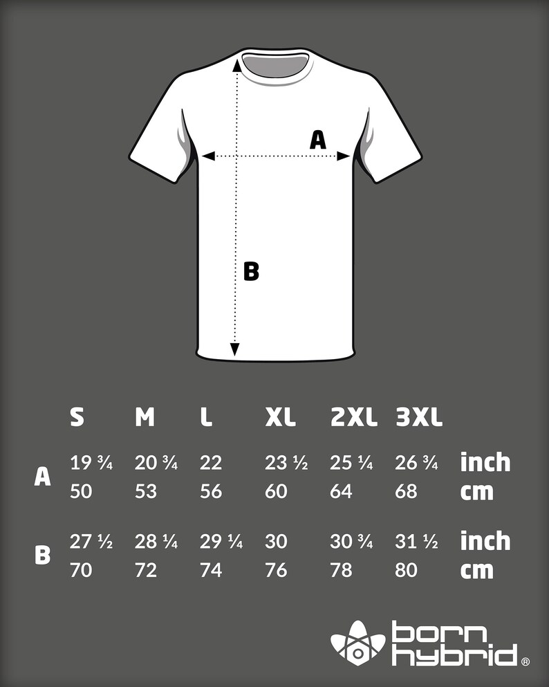 May include: Size chart for a t-shirt with measurements in inches and centimeters. The chart shows the measurements for the chest (A) and length (B) of the shirt in sizes S, M, L, XL, 2XL, and 3XL.