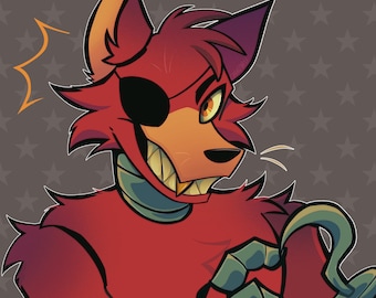 Puede incluir: Una ilustración digital de un personaje de zorro rojo con un parche negro en un ojo, dientes afilados y una mano de gancho mecánica. El personaje tiene orejas puntiagudas y pelaje, sobre un fondo gris oscuro con un patrón de estrellas.