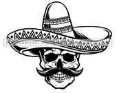 Skull Mexico Cowboy Hat Whisker Dia de los Muertos Party Spanish Old Logo SVG PNG JPG Vector Clipart Circuit Cut Cutting