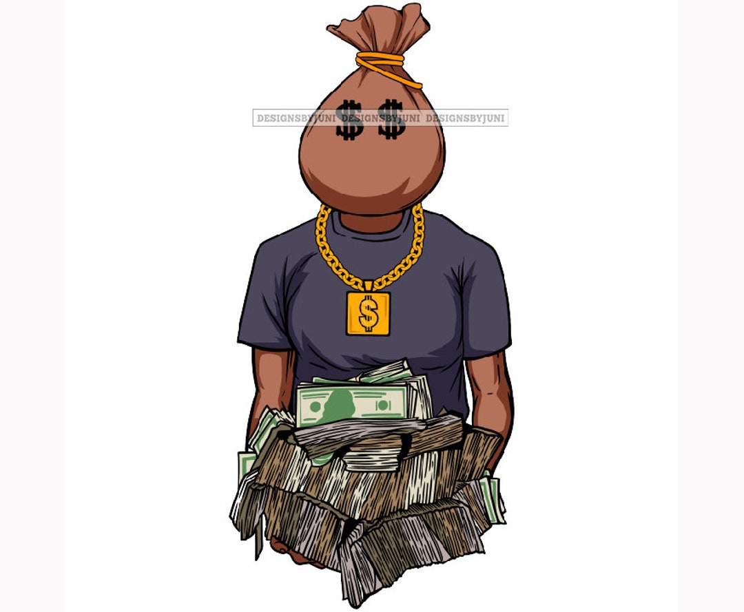 Gangster Black Man Money Bag Head Holding Money Stacks Gold Etsy
