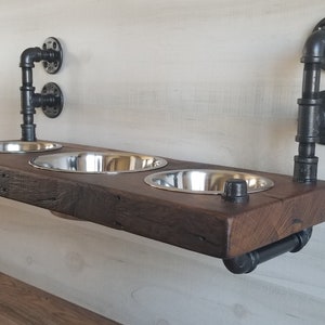 Reclaimed Barn Wood Double Flange Hanging Dog Bowls