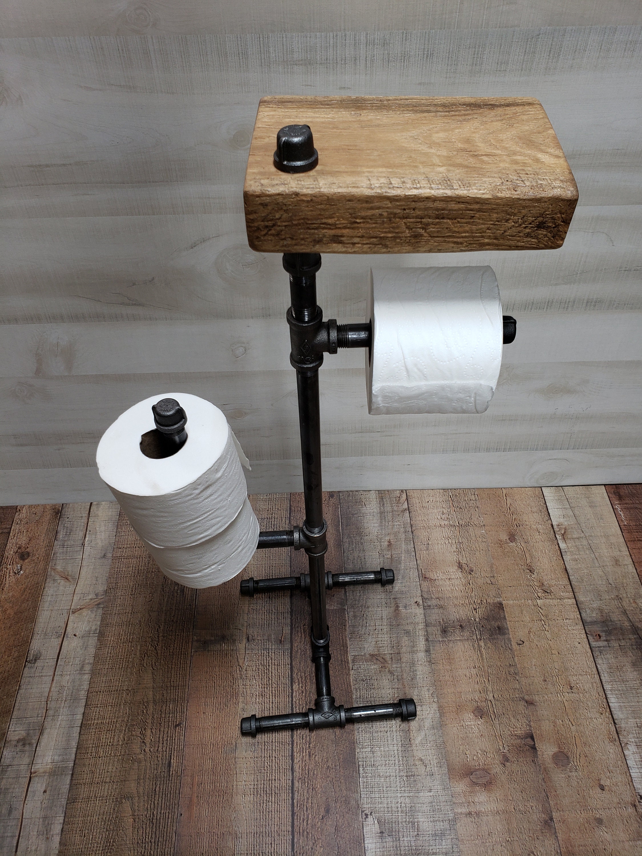 Black Metal Pipe & Burnt Wood Toilet Paper Holder with Reserve Roll Holder  Bar