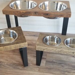 Reclaimed Barn Wood Flat Iron Leg Raised Dog Feeder