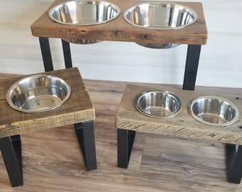 Reclaimed Barn Wood Flat Iron Leg Raised Dog Feeder