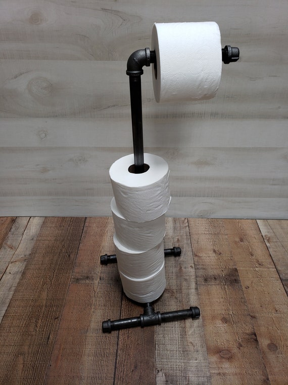 Freestanding Black Toilet Paper Holder Stand with Wood Base and Shelf