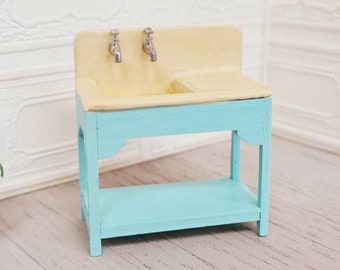 1/24 Scale Dollhouse Miniature Kitchen Sink Cabinet: Handmade old ceramic style sink
